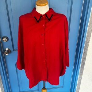 Kaktus Red Blouse Black & Red Embellished Bead Collar Size 3x Fun Funky